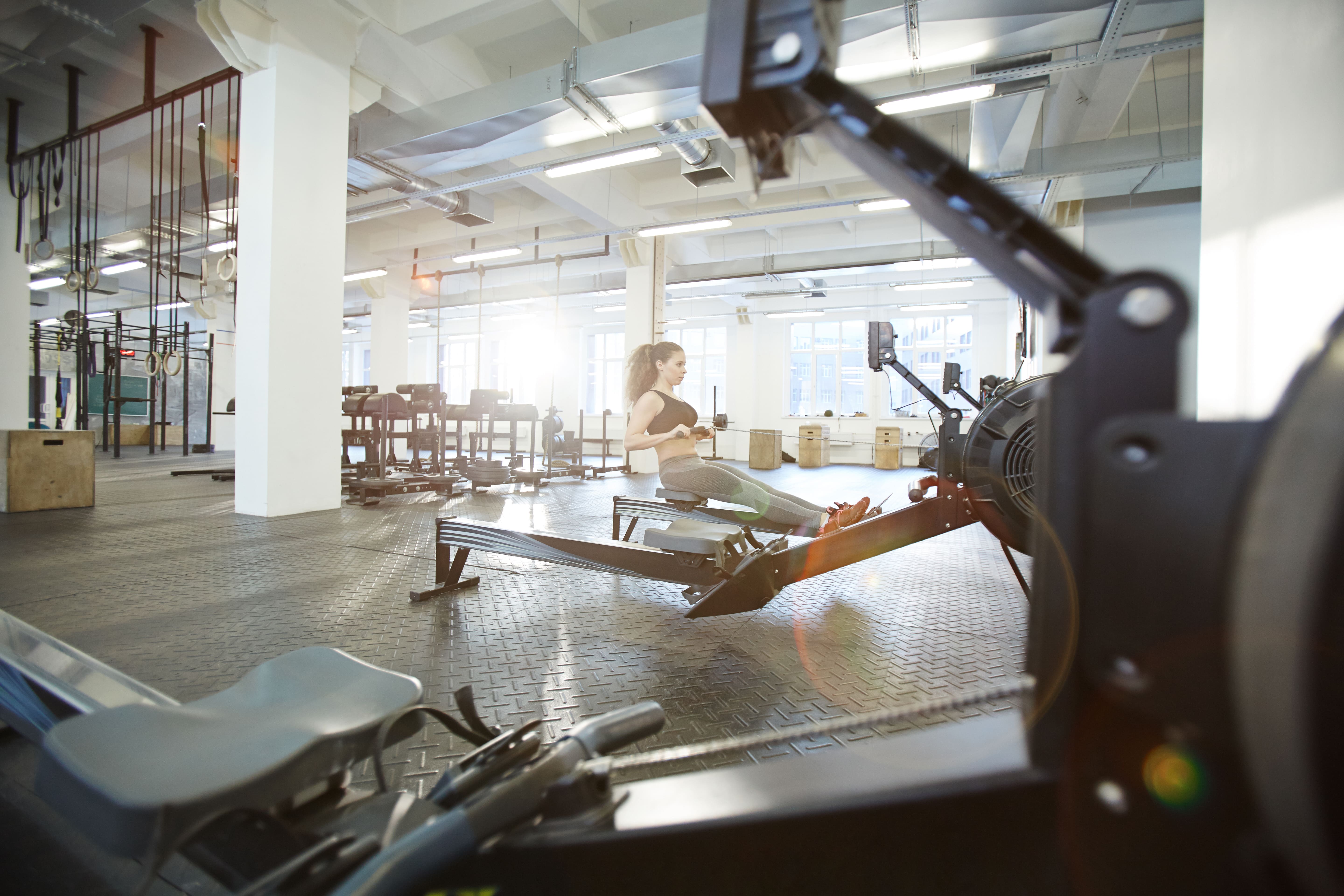 An indoor rowing workout in progress