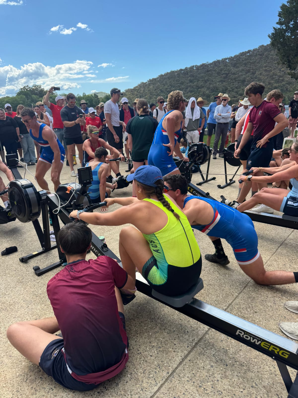 Juniors and senior athletes sharing the race line in the Golden Oar mixed relay