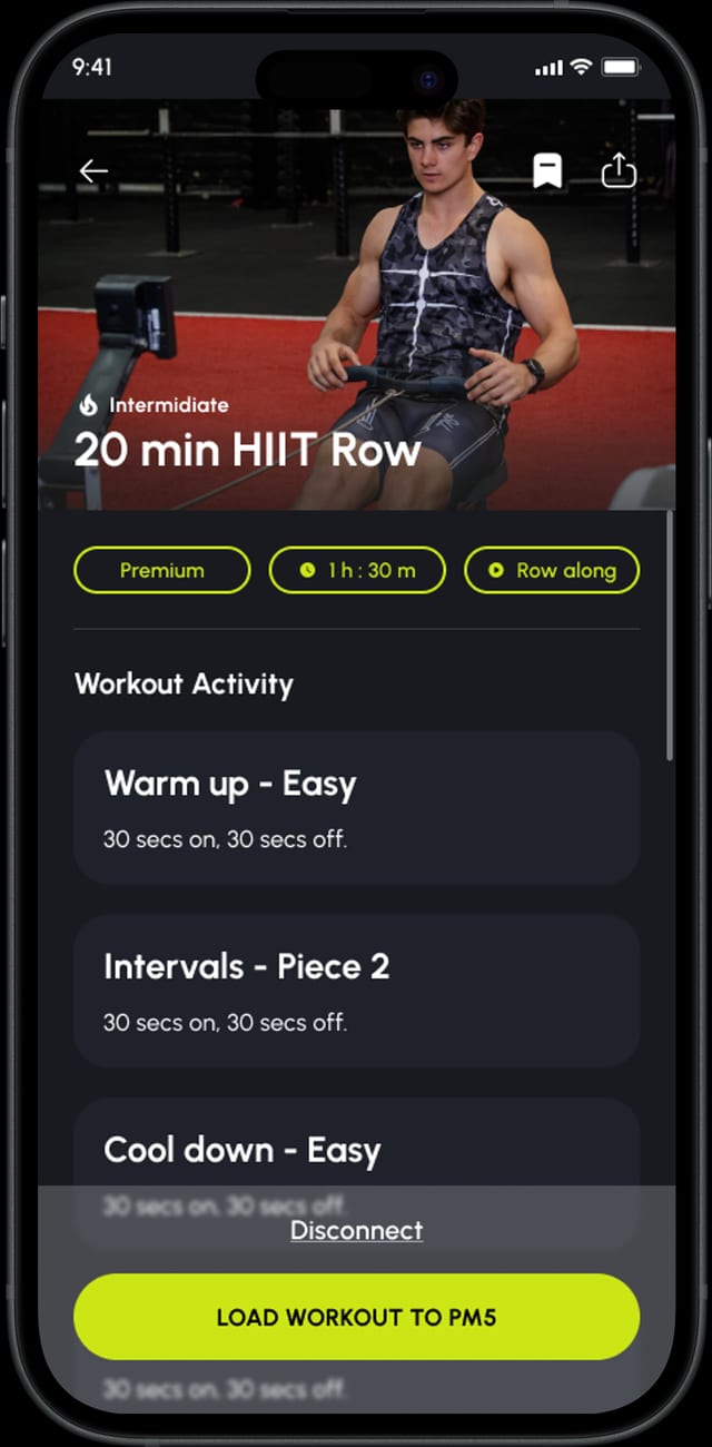 The Row Nation app showing a guided HIIT row ready to load to the PM5