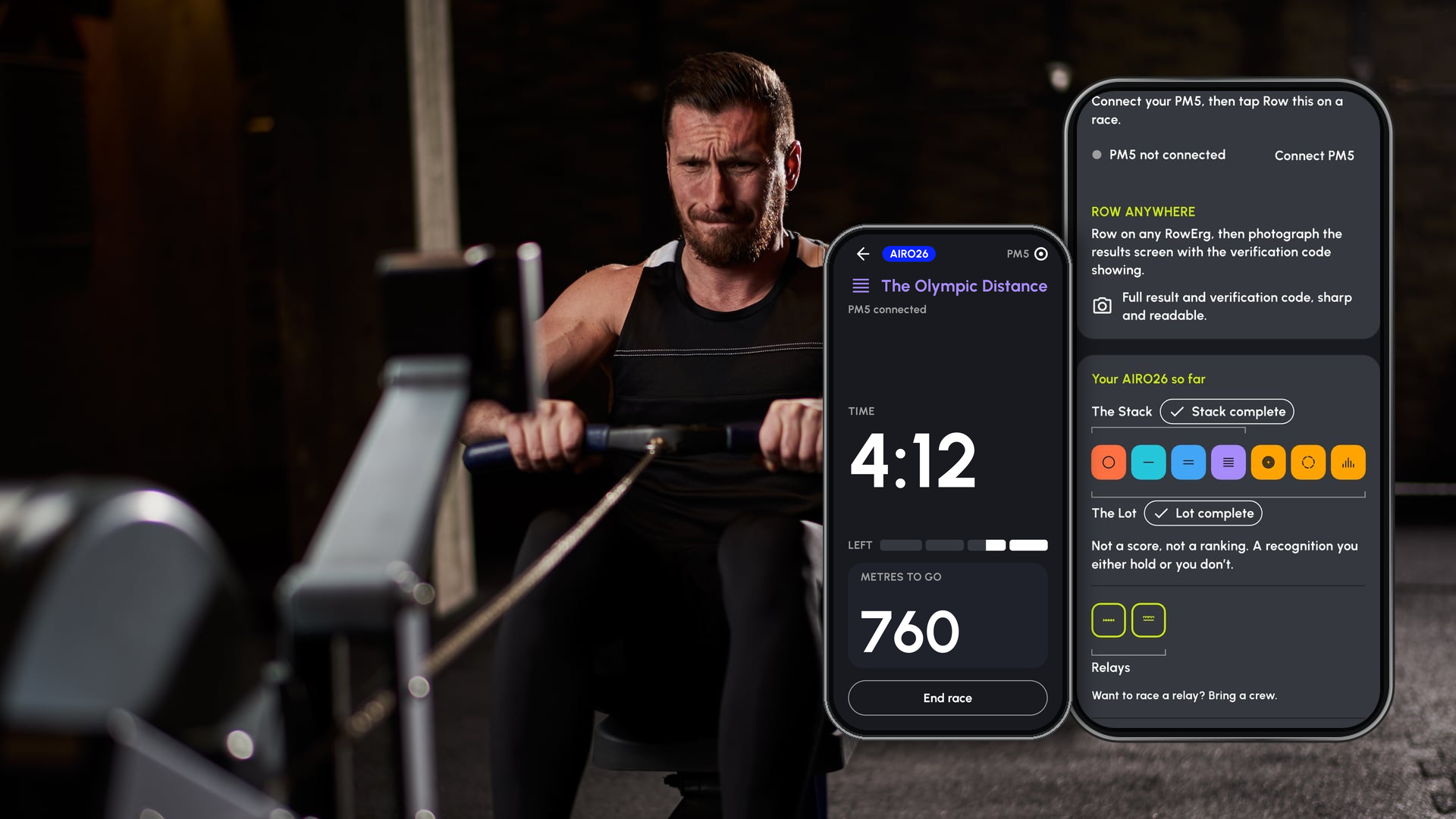 A man rowing on a rowing machine in a gym, beside two phones showing a completed AIRO26 Stack and the AIRO26 race screen in the Row Nation app.