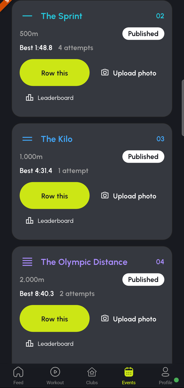 Test-data preview of Sprint, Kilo and Olympic Distance cards with sample results.